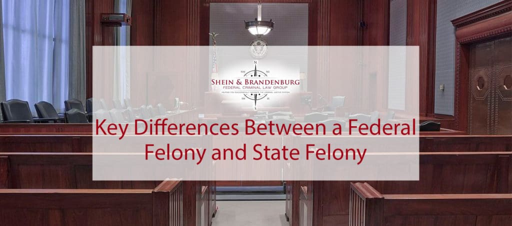 Featured image for a blog about federal and state felony charges. Graphic shows the inside of an empty courtroom.